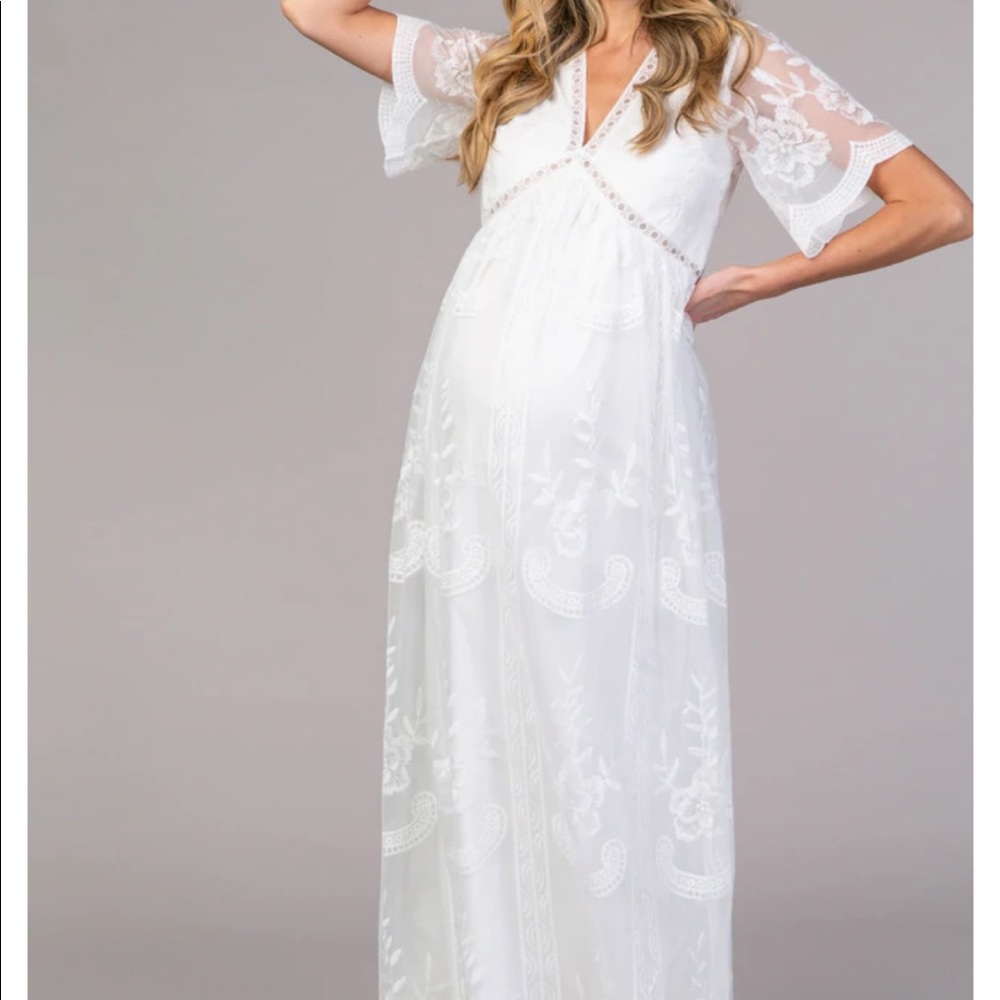 PinkBlush White Lace Mesh Overlay Maternity Maxi Dress
